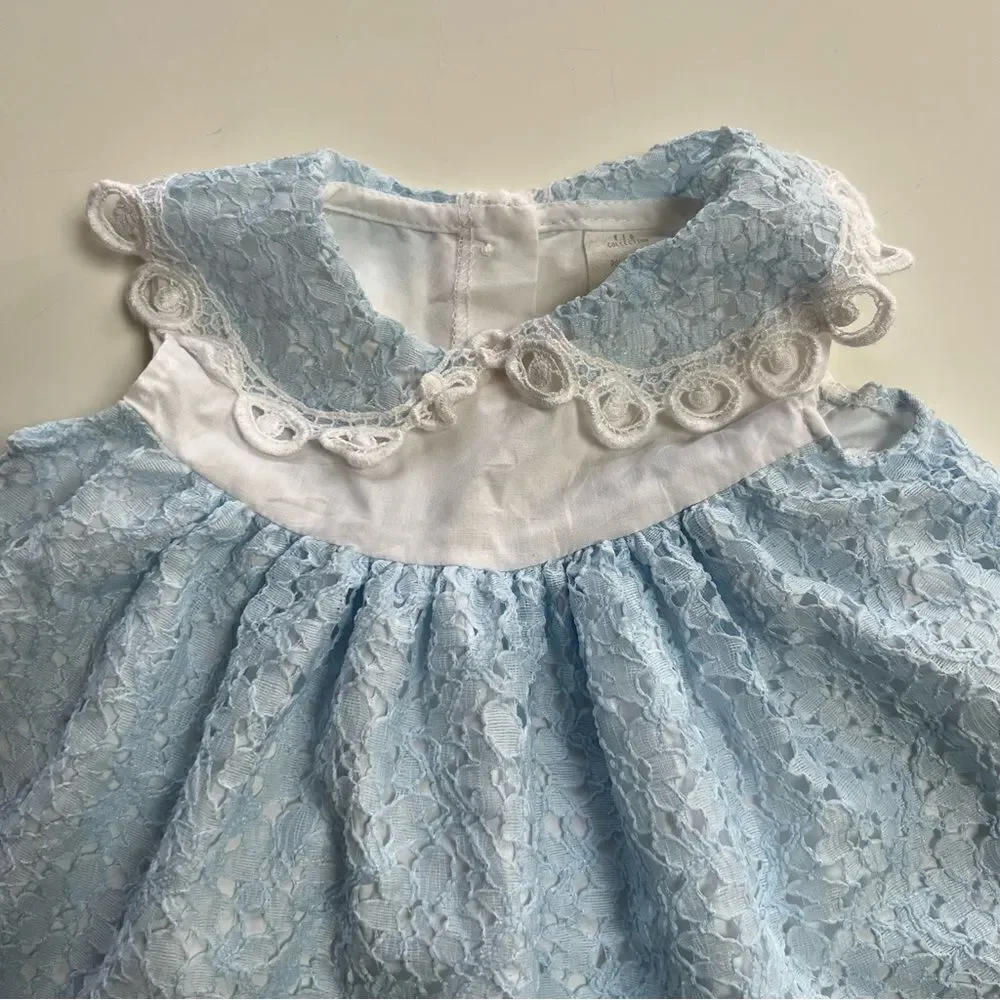Dainty Vintage 1990s Baby Blue Lace Collared Pleated Two Tone Pearl Button Dress - Picture 5 of 6